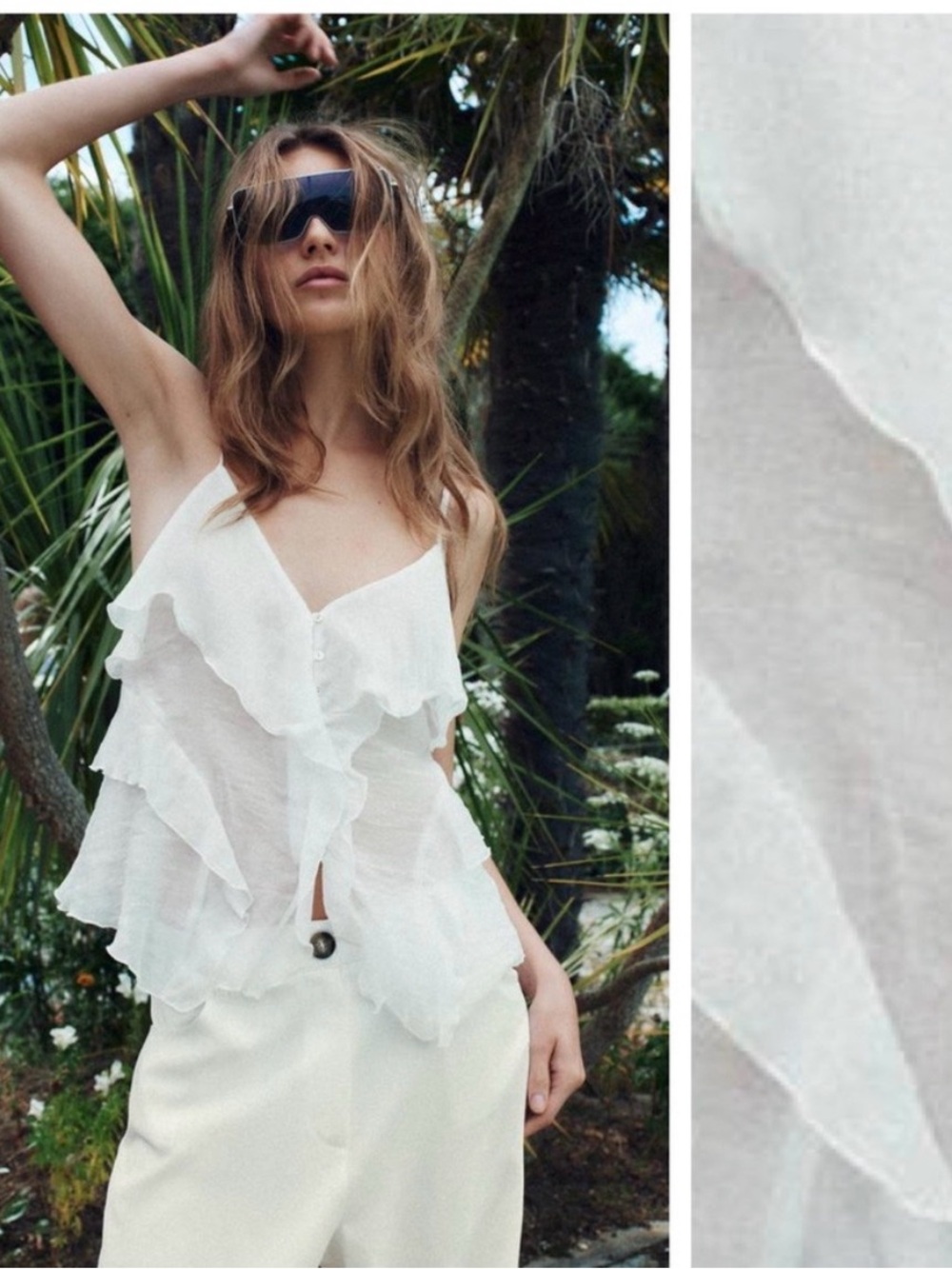 NWT Zara White Lyocell Boho Blend Ruffled V-neck Cami Blouse Thin Straps. Size S